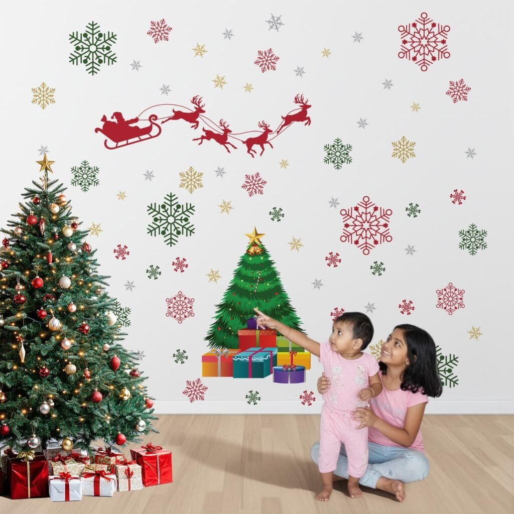 Christmas Wall Sticker with Santa, Tree & Snowflakes | Pattern Kids Festive Décor Wall Sticker Decal
