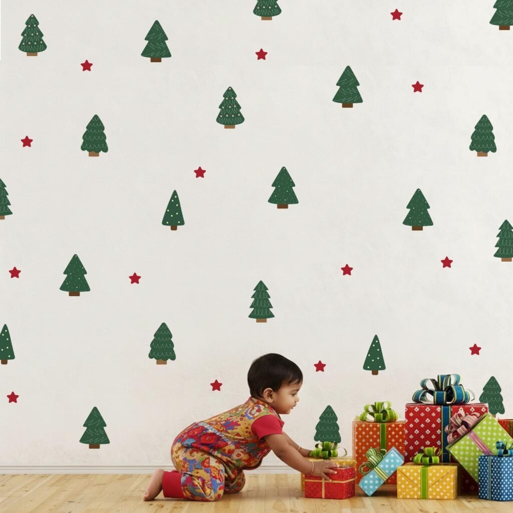 Christmas Trees & Stars Pattern Wall Sticker Home Decor Decals | Minimal Festive Décor