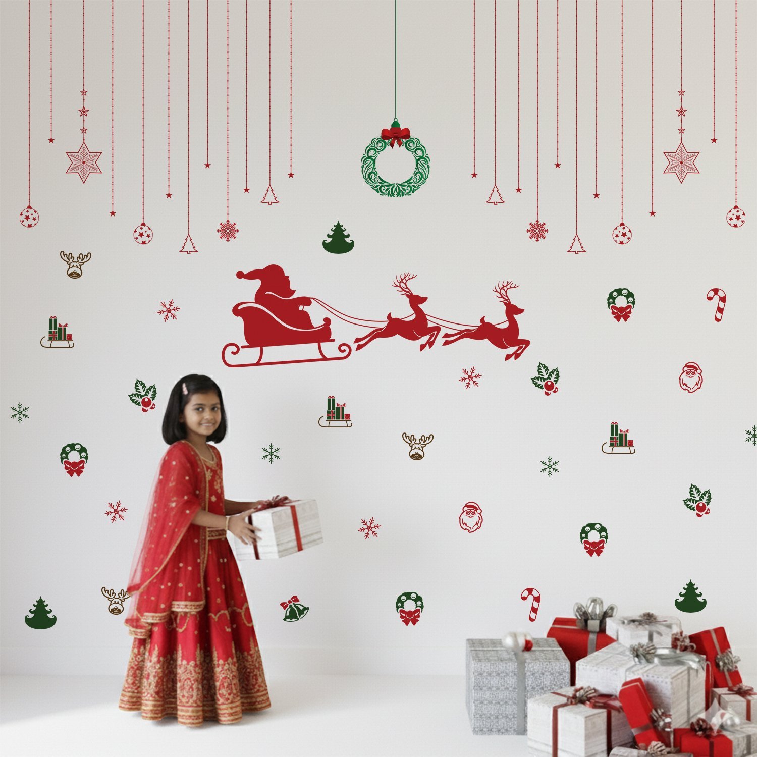 Santa Sleigh & Reindeer Christmas Wall Sticker with Hanging Ornaments | Festive Décor – StickMe