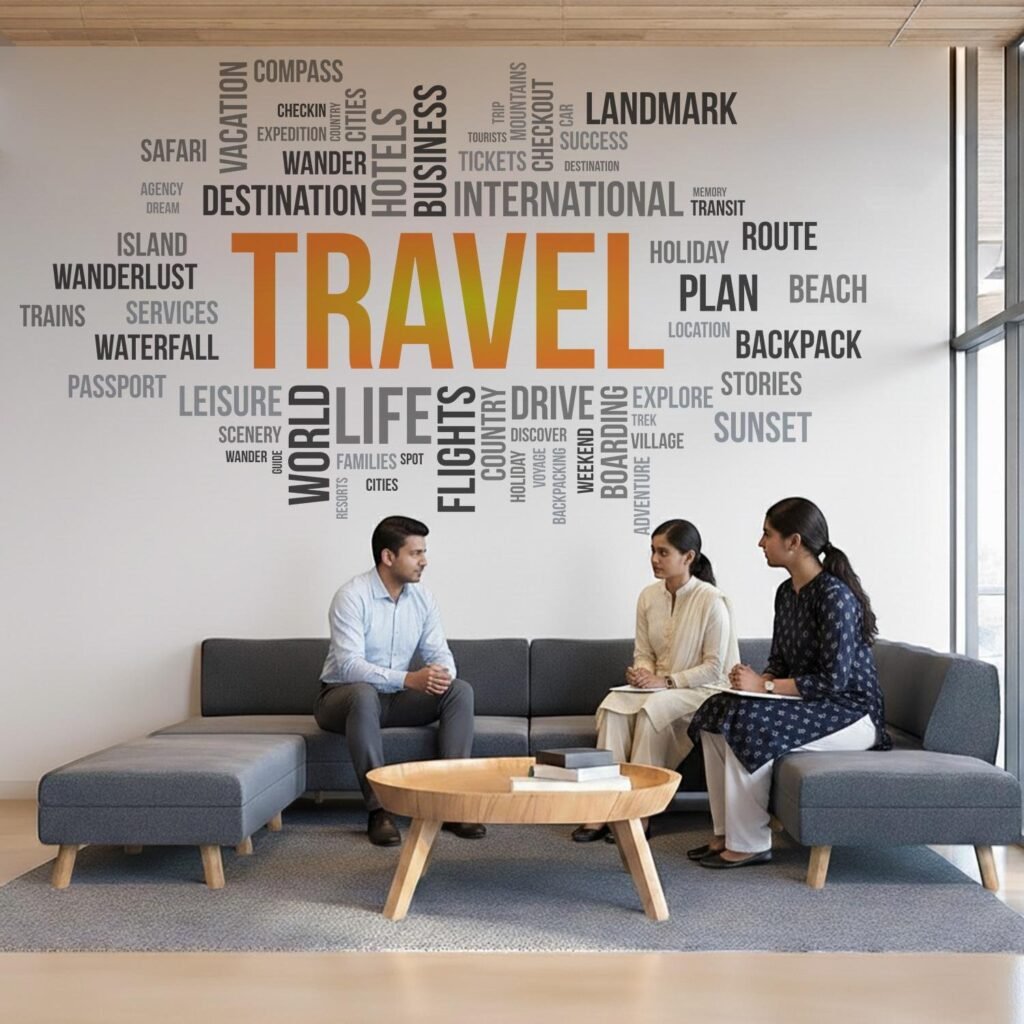 Travel Theme Typography Wall Decal – Wanderlust Word Cloud Wall Sticker for Office Space