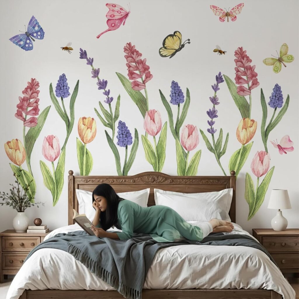 Colorful Tulip Floral Garden Wall Sticker with Butterflies for Living Room Home Decor