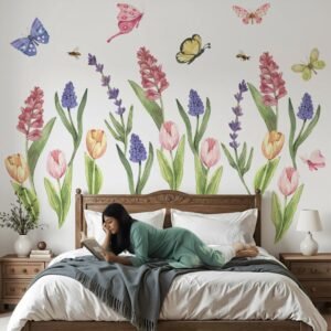 Colorful Tulip Floral Garden Wall Sticker with Butterflies for Living Room Home Decor