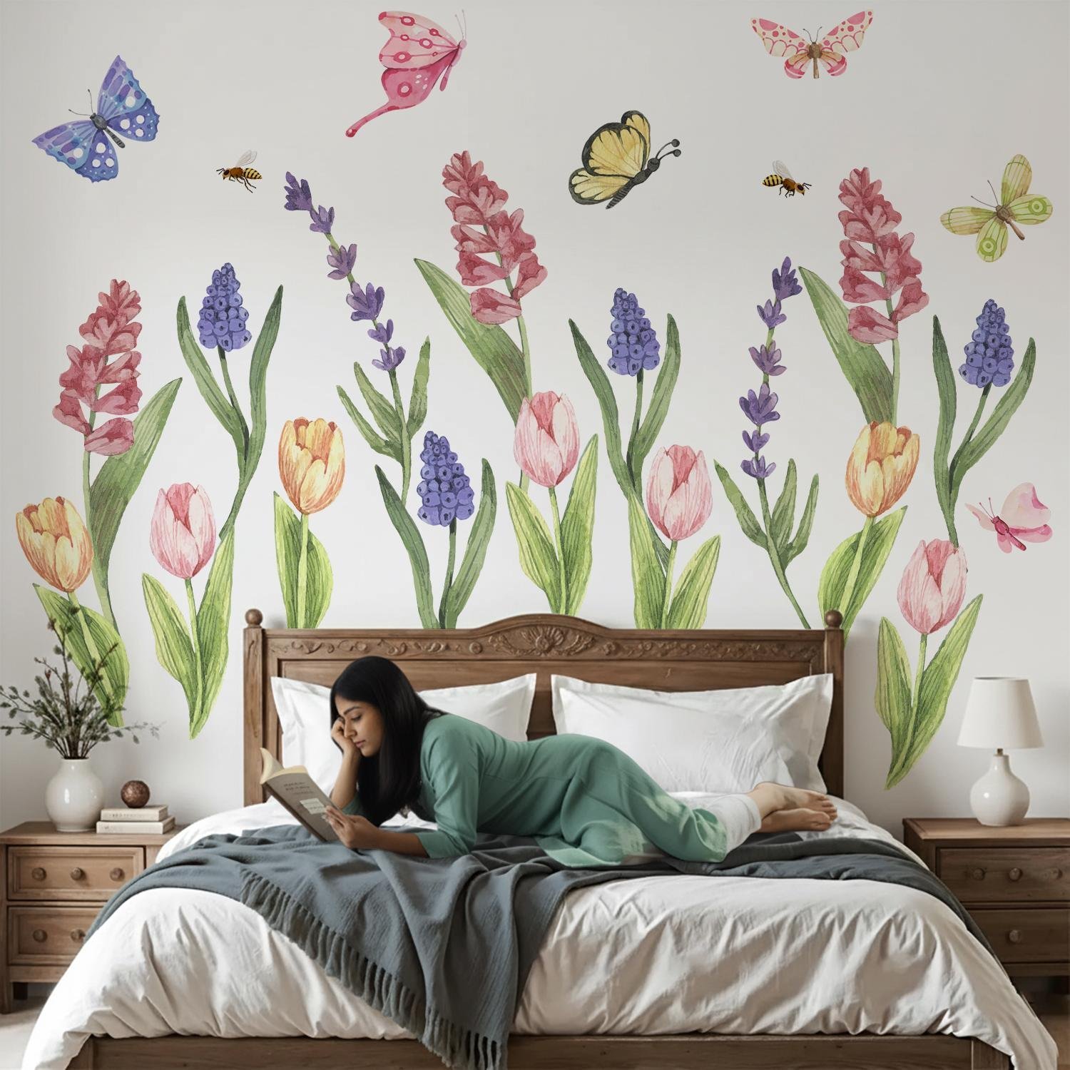 Colorful Tulip Floral Garden Wall Sticker with Butterflies for Living Room Home Decor