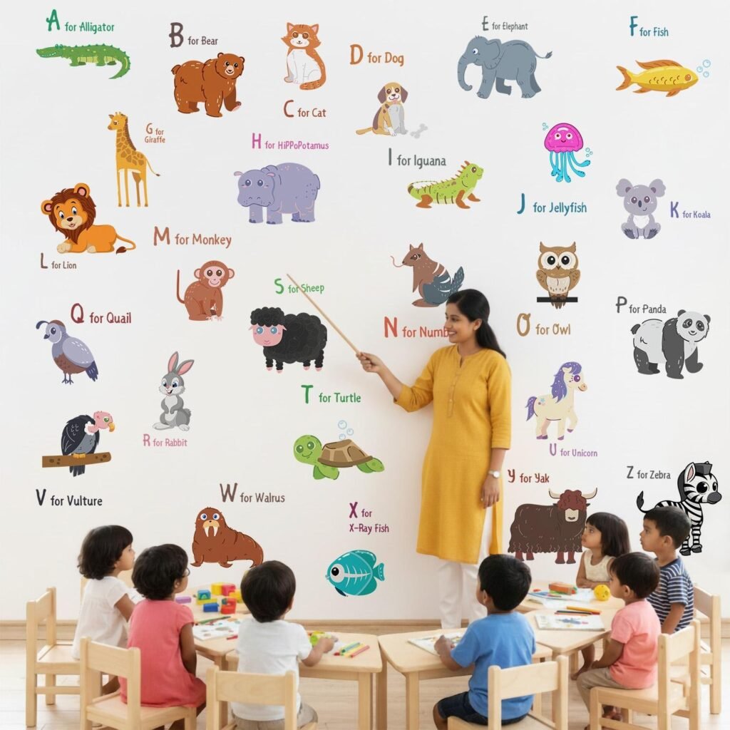 StickMe Kids Alphabet Animal Wall Sticker Colorful ABC Learning Wall Decor for Bedroom Nursery