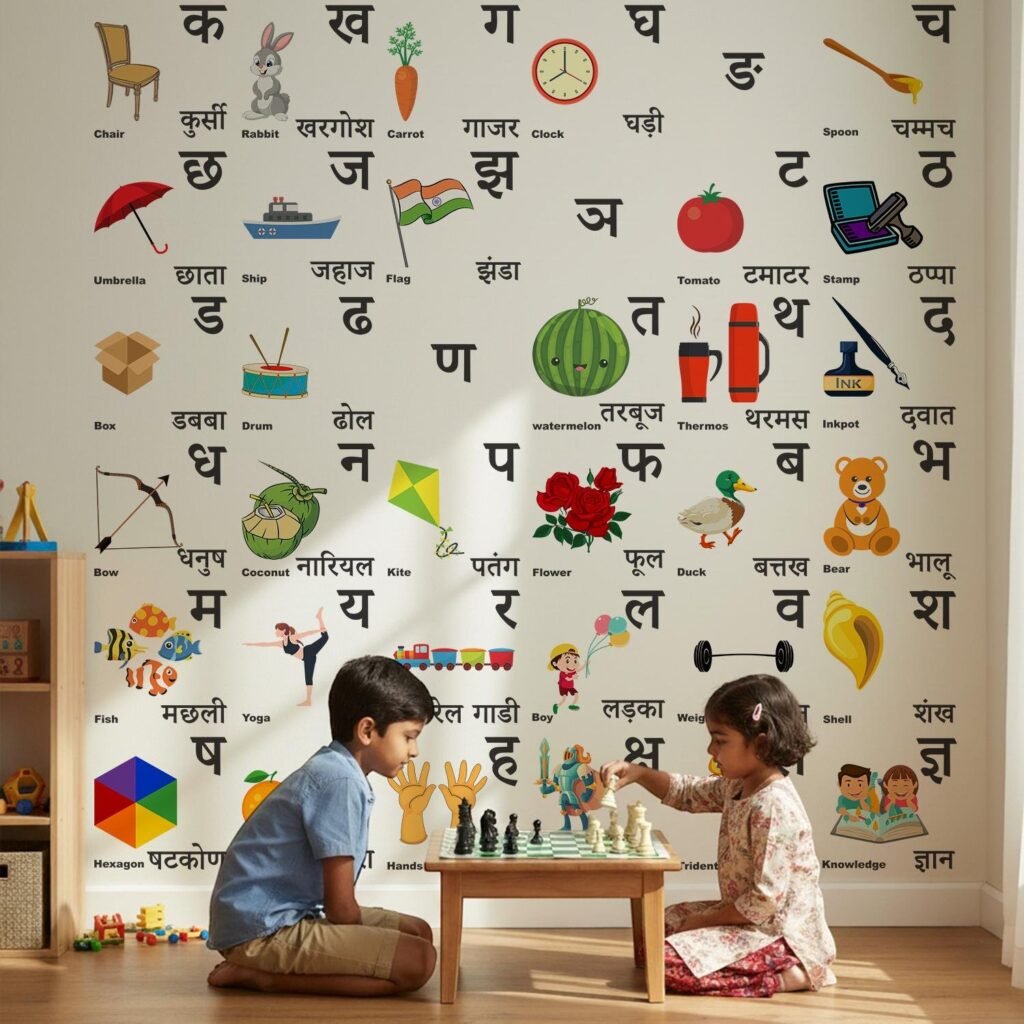 Hindi Alphabet Learning Wall Stickers (Varnamala) – Educational Kids Room & Nursery Wall Decor with Pictures
