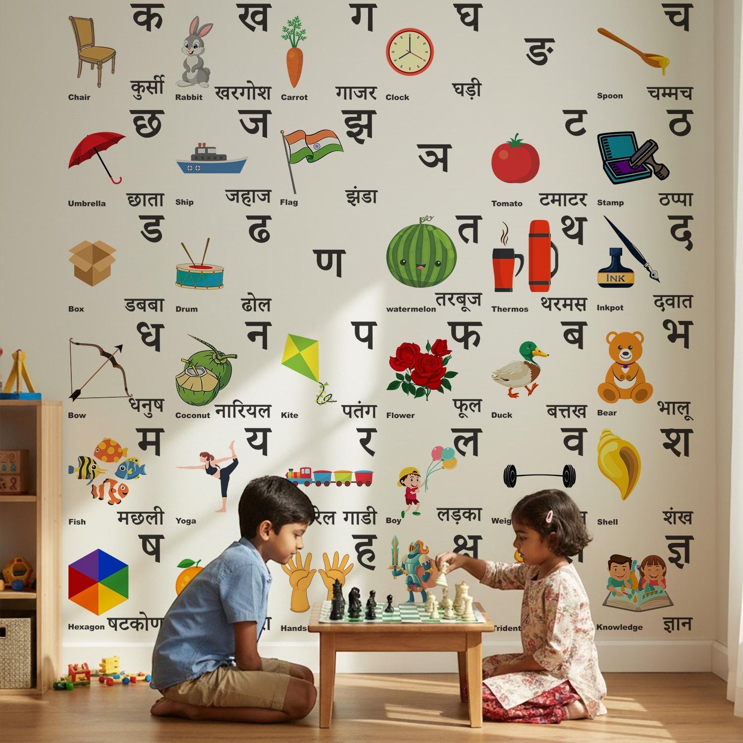 Hindi Alphabet Learning Wall Stickers (Varnamala) – Educational Kids Room & Nursery Wall Decor with Pictures