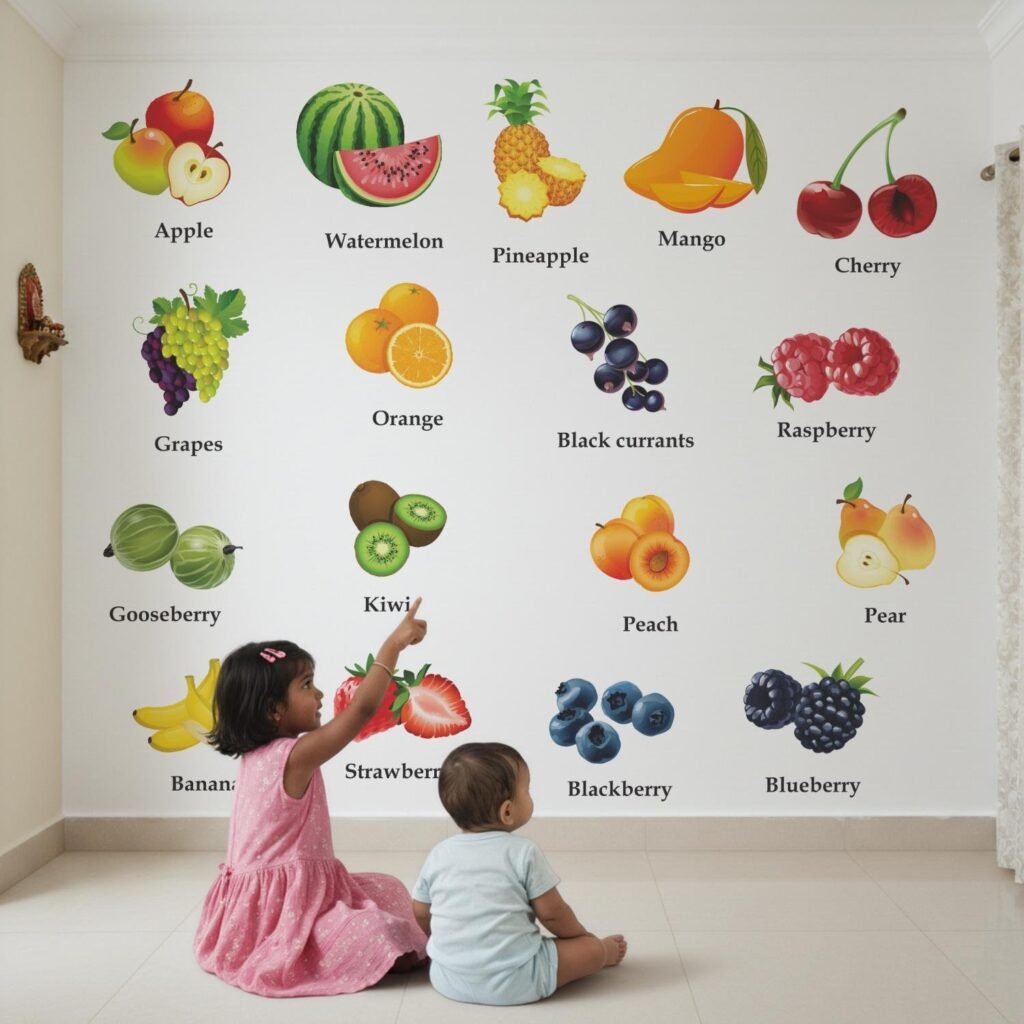 Colorful Fruit Names Wall Stickers for Kids Room – Early Learning Decor